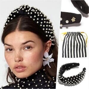 Lele Sadoughi Black Knotted Pearl Headband Gold Logo NEW